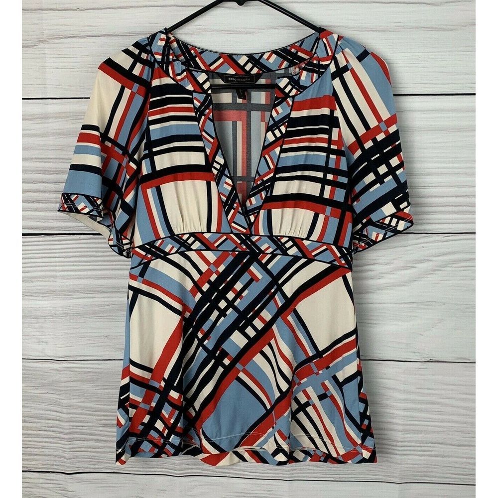BCBG Maxazria Blouse Split V Neck Short Sleeves S